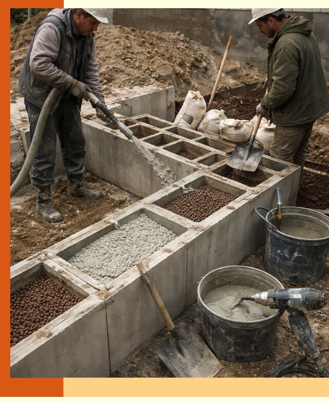 Заполнение полостей фундамента в донском герметичным утеплением и повышением прочности