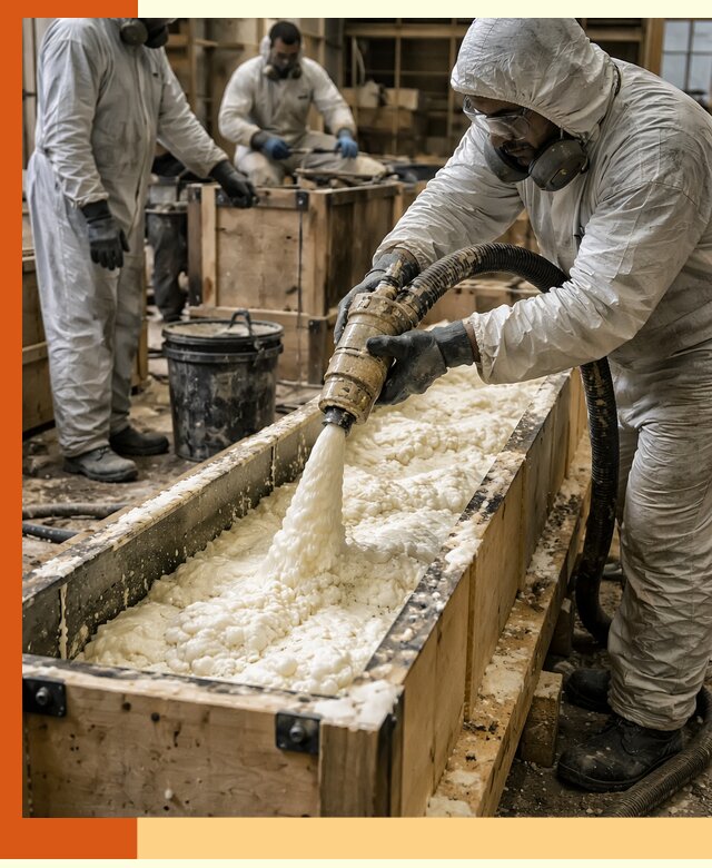 Заливка пенополиуретана в формы для утепления в донском